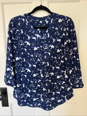 Talbots Navy and White Floral Popover Blouse